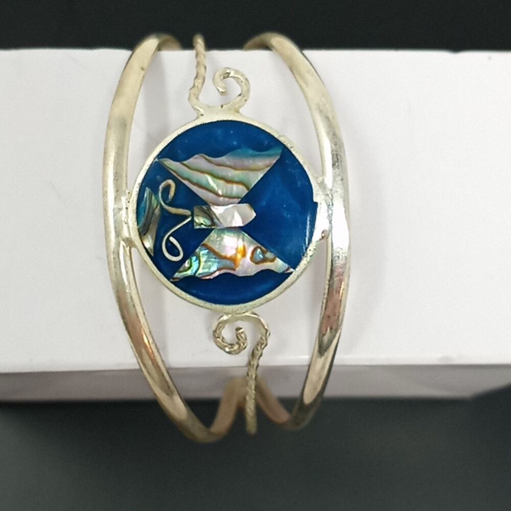 Alpaca Mexico 925 Silver Inlaid Mother of Pearl Cuff Bracelet